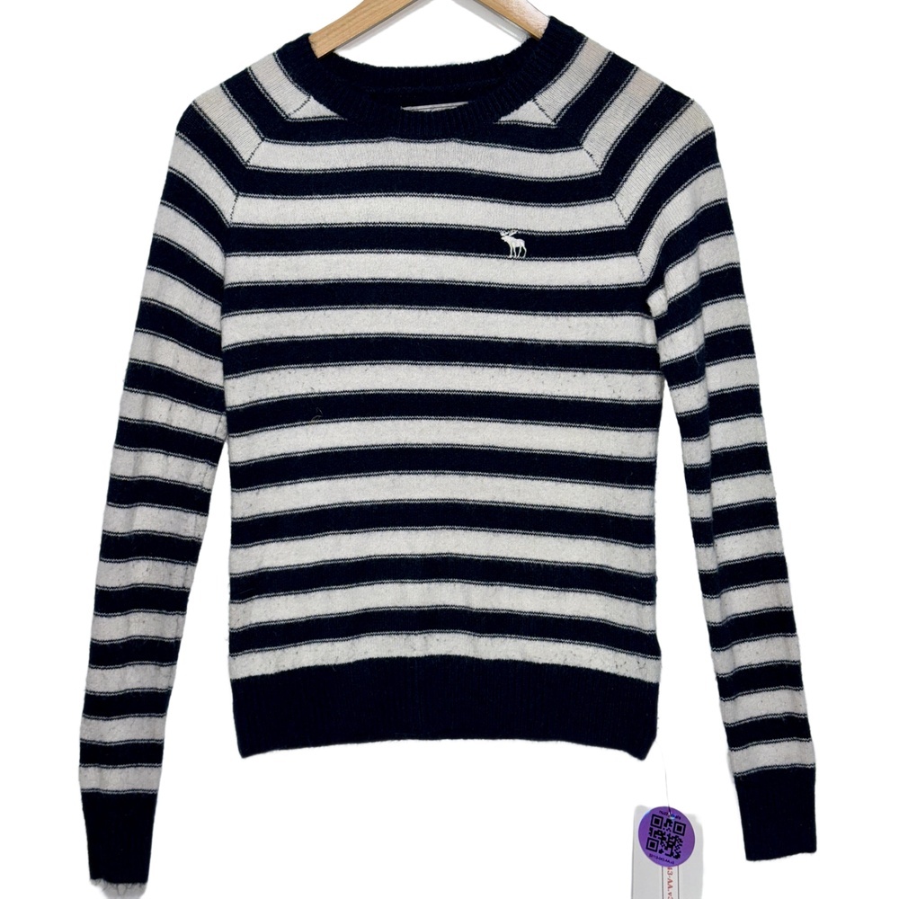 Abercrombie & Fitch Navy Blue White Striped Long Sleeve Crewneck Sweater Size XS